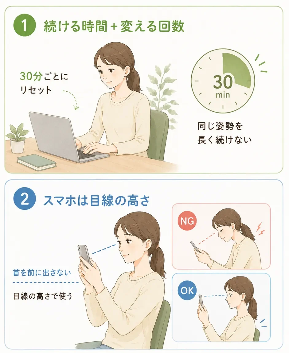 ①同じ姿勢は長く続けない
②スマホは目線の高さを意識する
③座ったまま肩をすとんと落として休憩する
